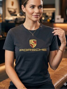 Porsche Embroidered Emblem Logo Black T Shirt Women’s Cotton Stretch L 🔥